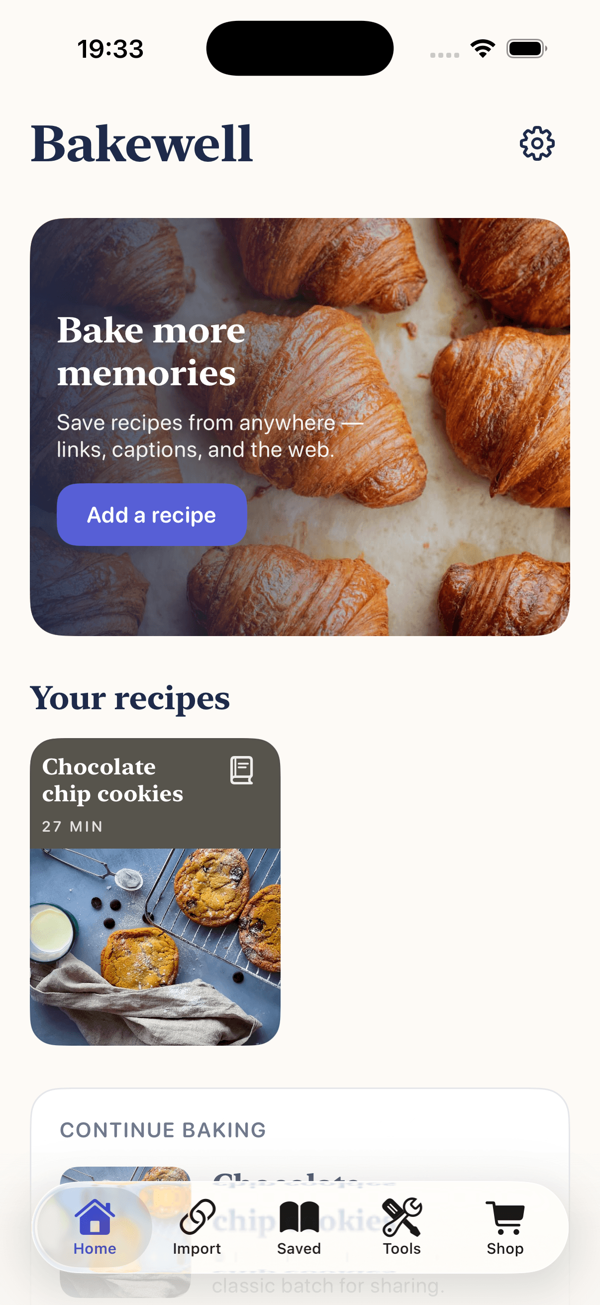 Bakewell home screen with recipes and hero